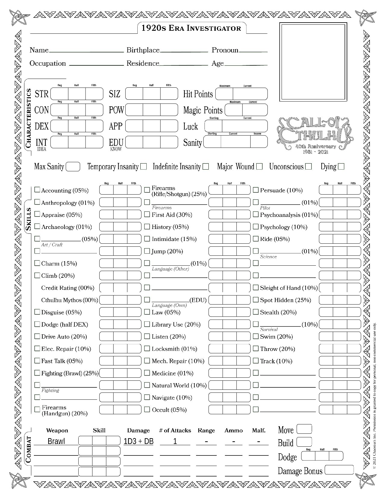 Call of Cthulhu Starter Set: Blank Character Sheet
