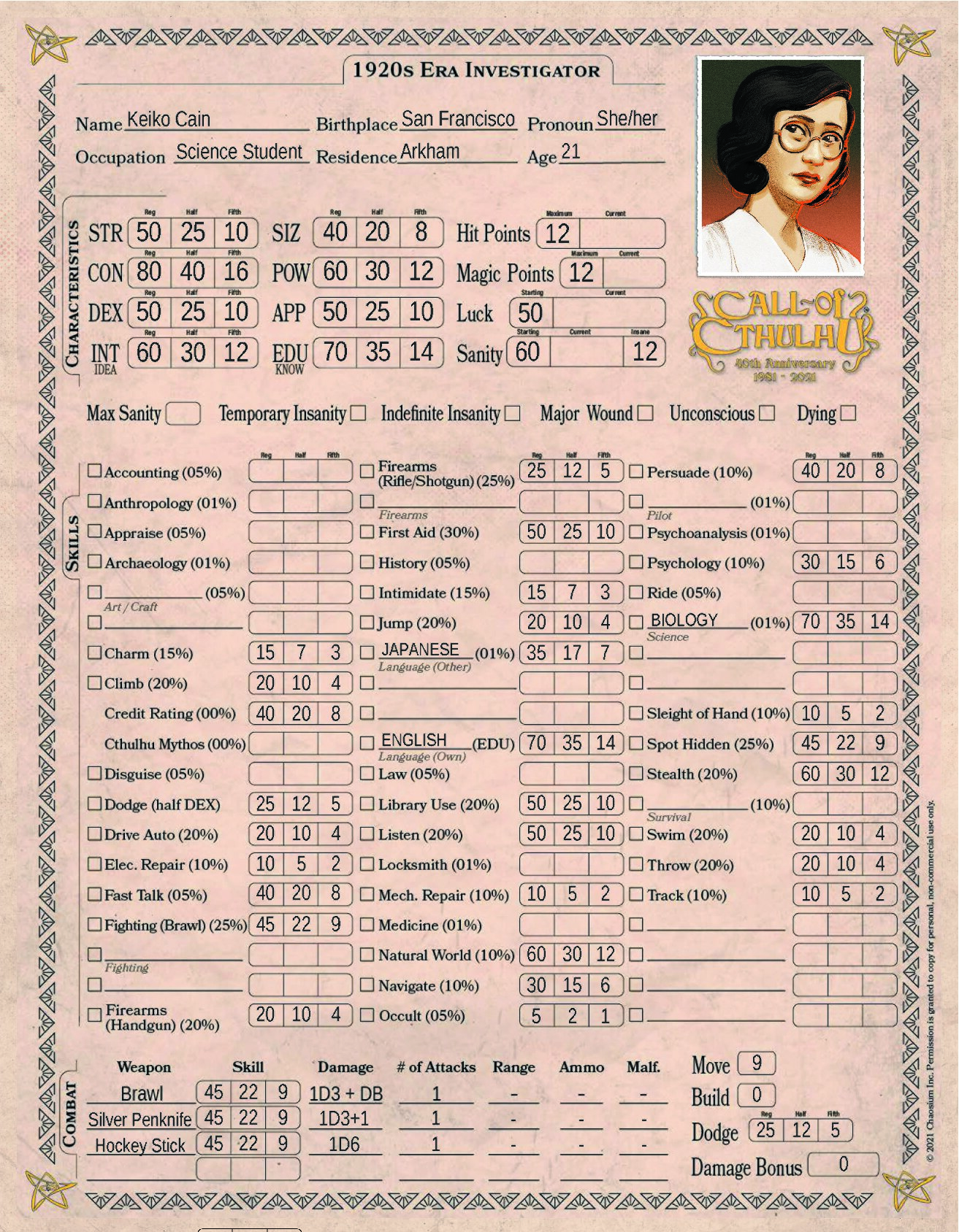 Call of Cthulhu Starter Set: Pregenerated Character: Keiko Cain